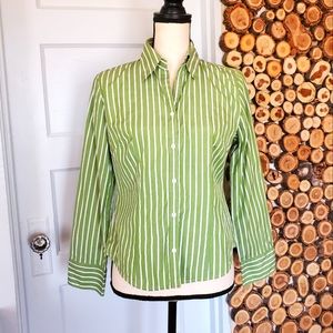 LOFT Green and White Striped Button Down Shirt